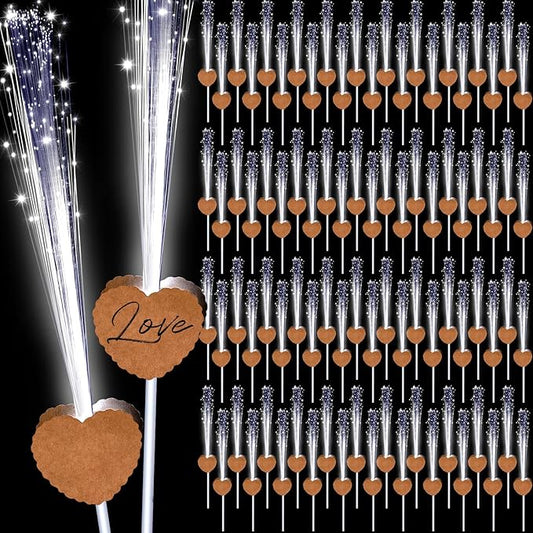 100 Pcs LED Wedding Sparklers Glow Sticks Heart Shape Long Fiber Optic Wands with 3 Light Modes for Send Off Reception Valentine Proposal Carnival Birthday Party Supplies Dance Floor Prop (Brown)