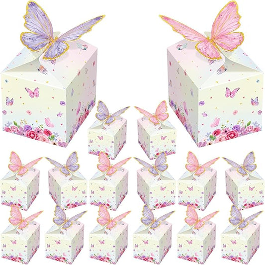 Qilery 24 Pcs Butterfly Party Favor Treat Boxes Pink and Purple Floral Goodie Gable Candy Box Gift Boxes Paper Butterfly Decorations for Birthday Party Supplies Chocolate Present Wedding Baby Shower