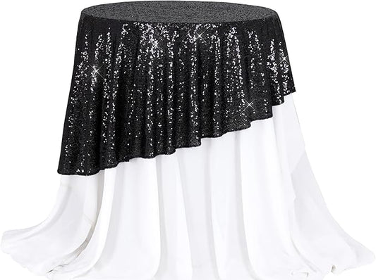 PartyDelight Sequin Tablecloth Round 50" Black Table Cloth Shimmer Sparkle Glitter Party Decorations