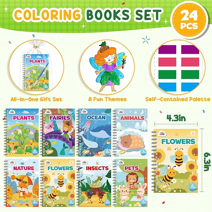 ZMLM 24 Water Coloring Books for Kids Party Favors - Bulk Mini Coloring Books for Kids Ages 4-8,Small Birthday Goodie Bag Stuffers School Teacher Return Gift Art Crafts Classroom Prizes (Nature)