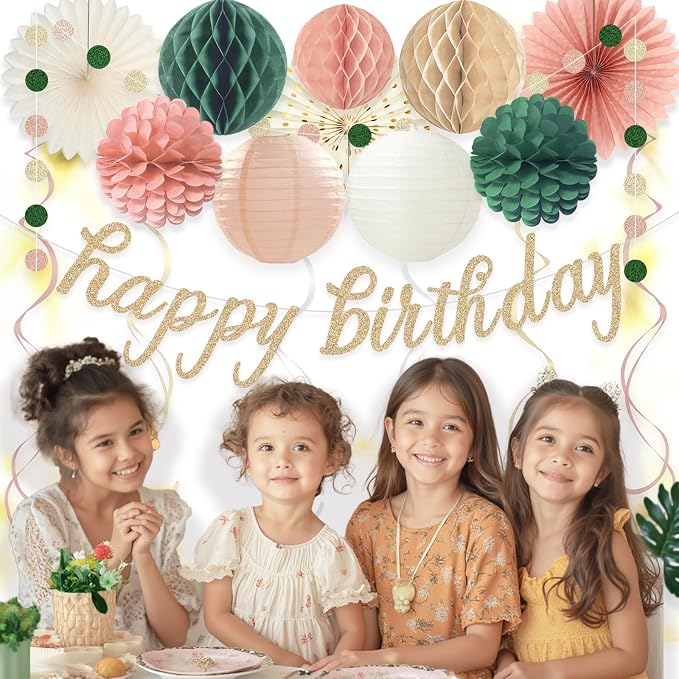 Pink Sage Green Happy Birthday Decorations, Pre-Strung Happy Birthday Banner with Honeycomb Balls, Paper Flowers, Lanterns, Hanging Swirls, Circle Dots Garland for Birthday Party Decorations 24pcs