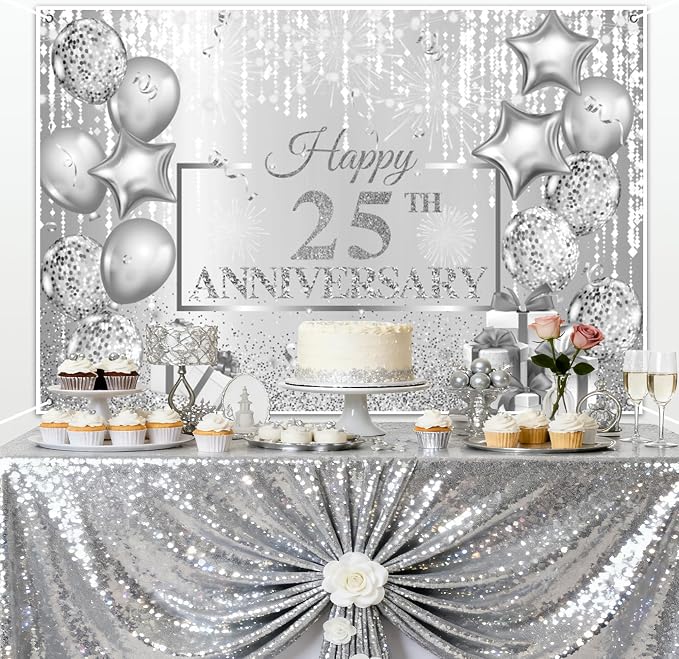 AOFOTO Happy 25th Anniversary Backdrop Glitter Grey Spots Ballons Printed Photography Background 25 Years Wedding Anniversary Party Home Wall Decor Supplies Banner Portrait Photo Studio Props 10x8ft