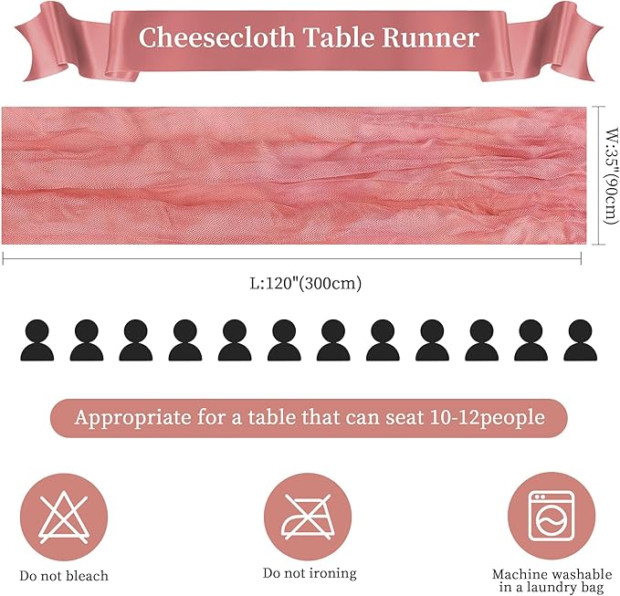 6 Pack Rose Cheesecloth Table Runner 10FT Long Easter Spring Boho Gauze Table Runner Rustic Sheer Runner for Spring Wedding Bridal Baby Shower Birthday Party Table Decor Easter Decorations