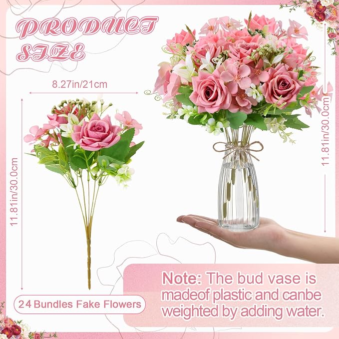 Thiccywoov 36 Pack Artificial Mini Rose Flowers with Vase Bulk, 24 Bundles Silk Rose Flower Artificial Bouquet 12 Plastic Vase with Rope Table Centerpiece Arrangement Wedding Party Deco(Purple)
