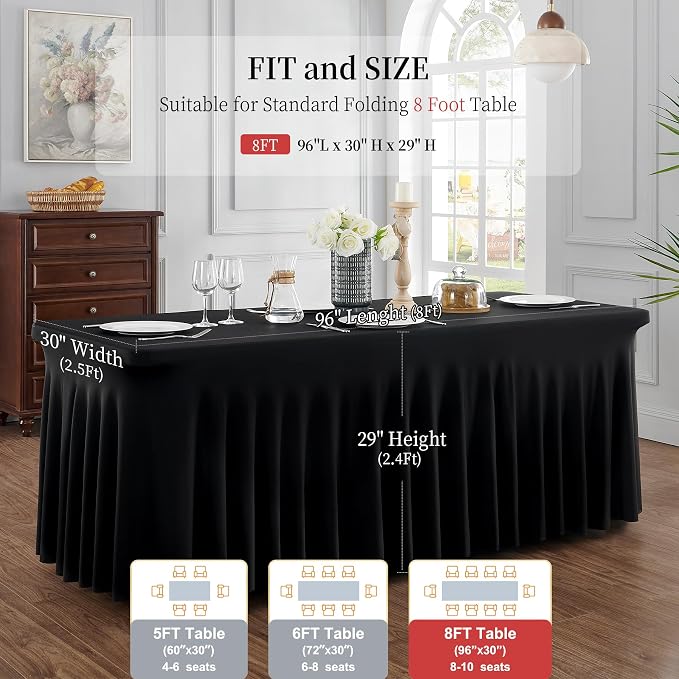 Outpain Black Spandex Tablecloth for 8 Foot Rectangle Tables, 3 Pack Black Fitted Table Cloths 8ft Stretchy Banquet Table Clothes Cover Desk Skirt for Birthday Wedding Parties Baby Shower
