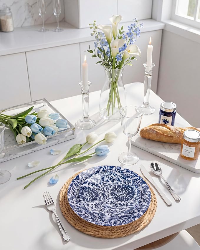 Hioasis 60pcs Plastic Disposable Plates Set - Blue Dandelion & Blue Leaf Pattern, 10.25 Dinner & 7.5 Dessert Plates for Wedding,Anniversary,Party and Holiday
