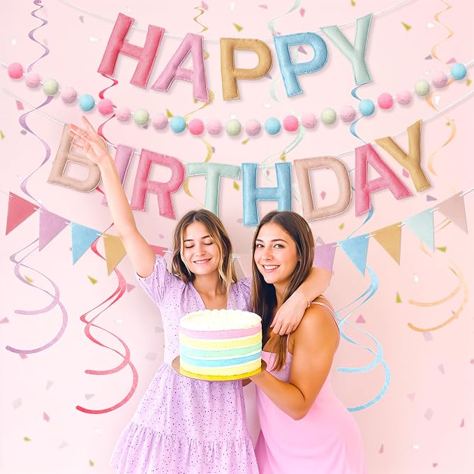 Kriyokiaa Pre-Strung Felt Happy Birthday Banner Retro Pastel Happy Birthday Party Decorations with Pom Pom Garland, Flag and Hanging Swrils for Women Girls Party Decor