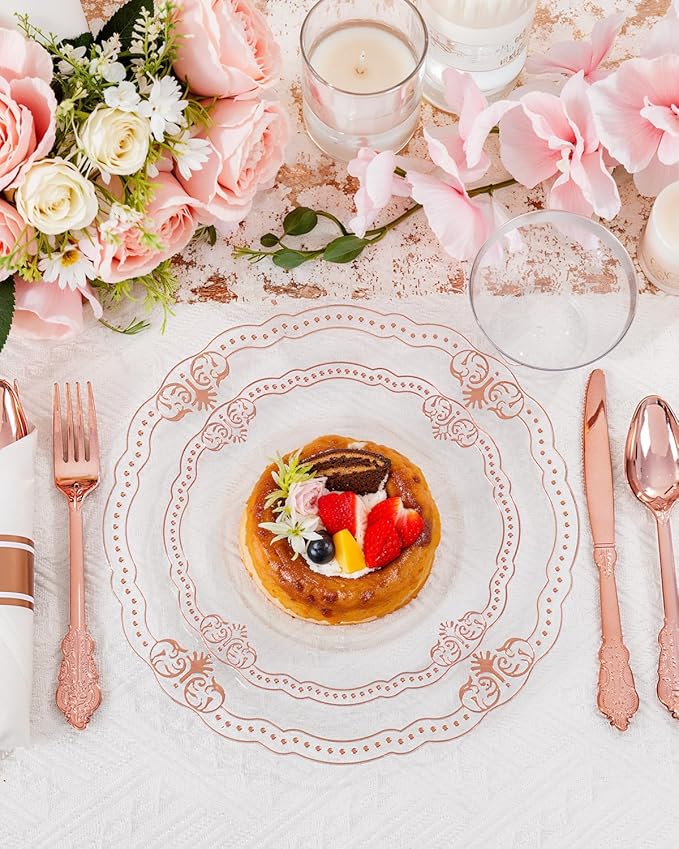 Ciaell 350 PCS Rose Gold Plastic Plates - Rose Gold Disposable Plates Dinnerware Include 50 Disposable Plate, 50 Heavy Duty Silverware, 50 Cups, 50 Napkins for Wedding & Anniversary & Mother's Day