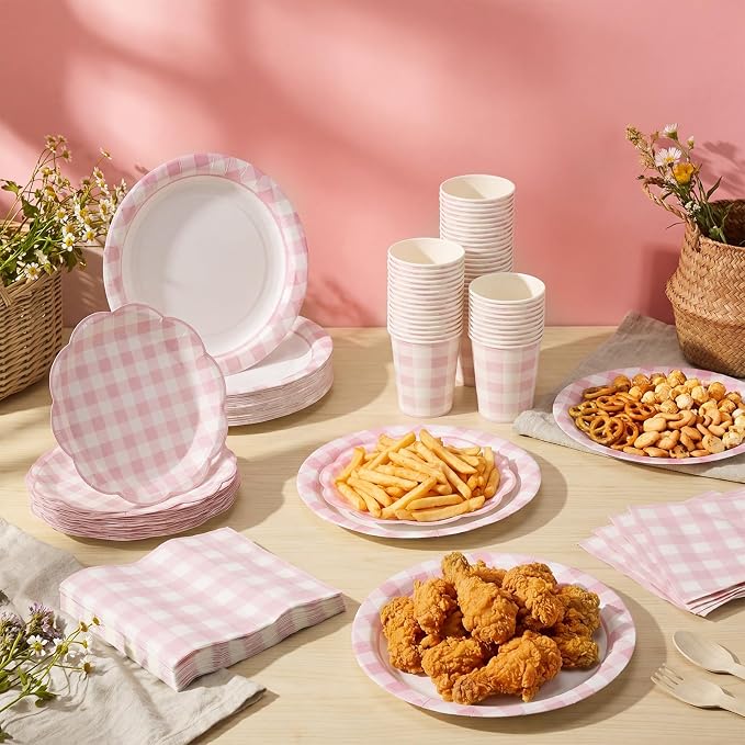 Funnymoom 250 Pcs Pink Gingham Paper Plates and Napkins Party Supplies Pink White Checkered Disposable Plaid Tableware Set Scalloped Dessert Plates for Wedding Bridal Shower Picnic Party Decorations
