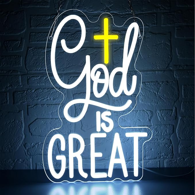 God Is Great Neon Sign for Wall Decor God Neon Light for Church Cross Led Light Up Sign for Prayer Room Bedroom Coffee Gifts for Christian Pastor Family Size14.2 * 9.1Inches(JTD276)
