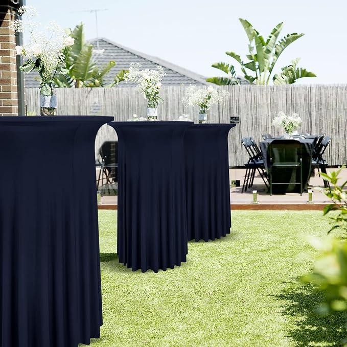 6 Packs Round Cocktail Table Skirt 32"x 43" Spandex Stretch Cocktail Tablecloth with Wavy Drapes, Navy Blue Spandex Fitted High Top Table Covers for Wedding Bar Party Birthday Banquet Tables