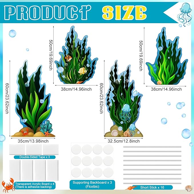 4 Pcs Seaweed Cardboard Cutouts Set of 4 Under The Sea Lifesize Party Decorations with Ocean Elements Vibrant Ocean Themed Props for Events and Displays 19.69-23.62 Inches Tall Cutouts