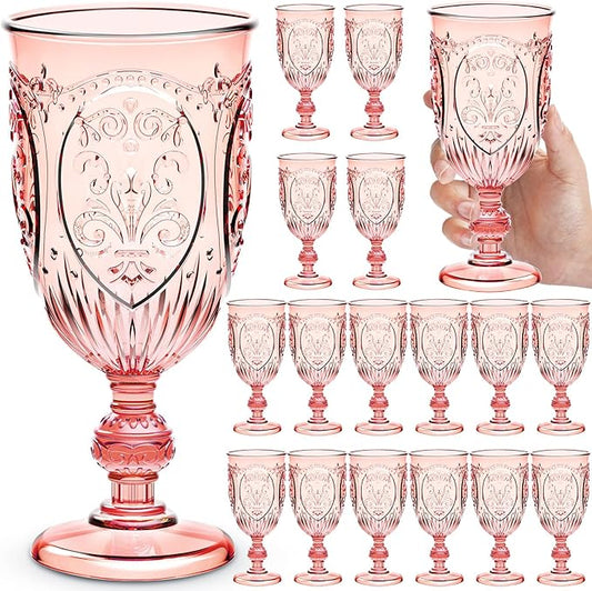 Wiwiqing 18 Pack Plastic Goblets 10oz Upgrade Vintage Water Goblet Plastic Wine Glasses Colored Retro Embossed Glassware for Party Wine Bar Juice Baby Shower Wedding Reception Grand (Pink)