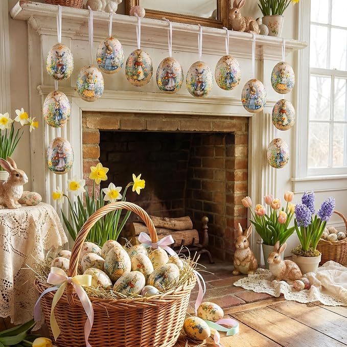 Outus 18 Pcs Easter Egg Ornaments Vintage Easter Egg Hanging Ornament Colorful Decorative Rabbit Hanging Ornaments for Tree Spring Farmhouse Home Fireplace Decoration Holiday Party Favors