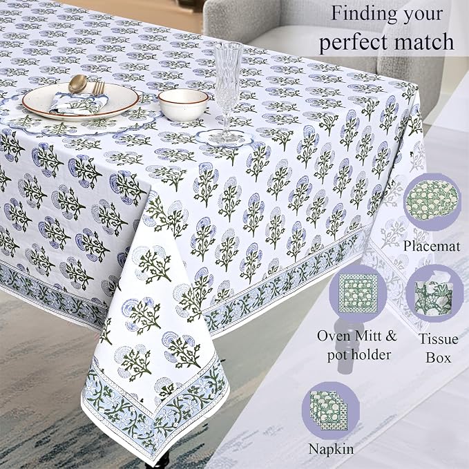 Ridhi Mughal Buta Blue Hand Block Print Cotton Rectangle Tablecloth 120" x 60" inches Reusable Table Cover Decorative Everyday Use for Dining Room, Farmhouse, Home Gift for Spring, Mother's Day