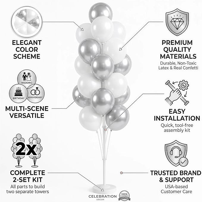 Balloon Column Kit Set of 2 With Balloons Included - with Base, and Pole,Balloon Tower Backdrop Decoration for Wedding, Baby Shower, Birthday Party, or Bachelorette Parties (Silver White)
