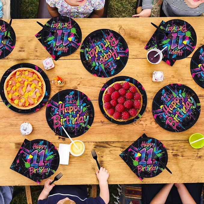 96 Pcs Neon Graffiti 11th Birthday Party Supplies Colorful Paint Splatter Plates and Napkins Neon Splatter Tableware Set for Boys Girls Birthday Retro Paint Party Supplies, Serves 24
