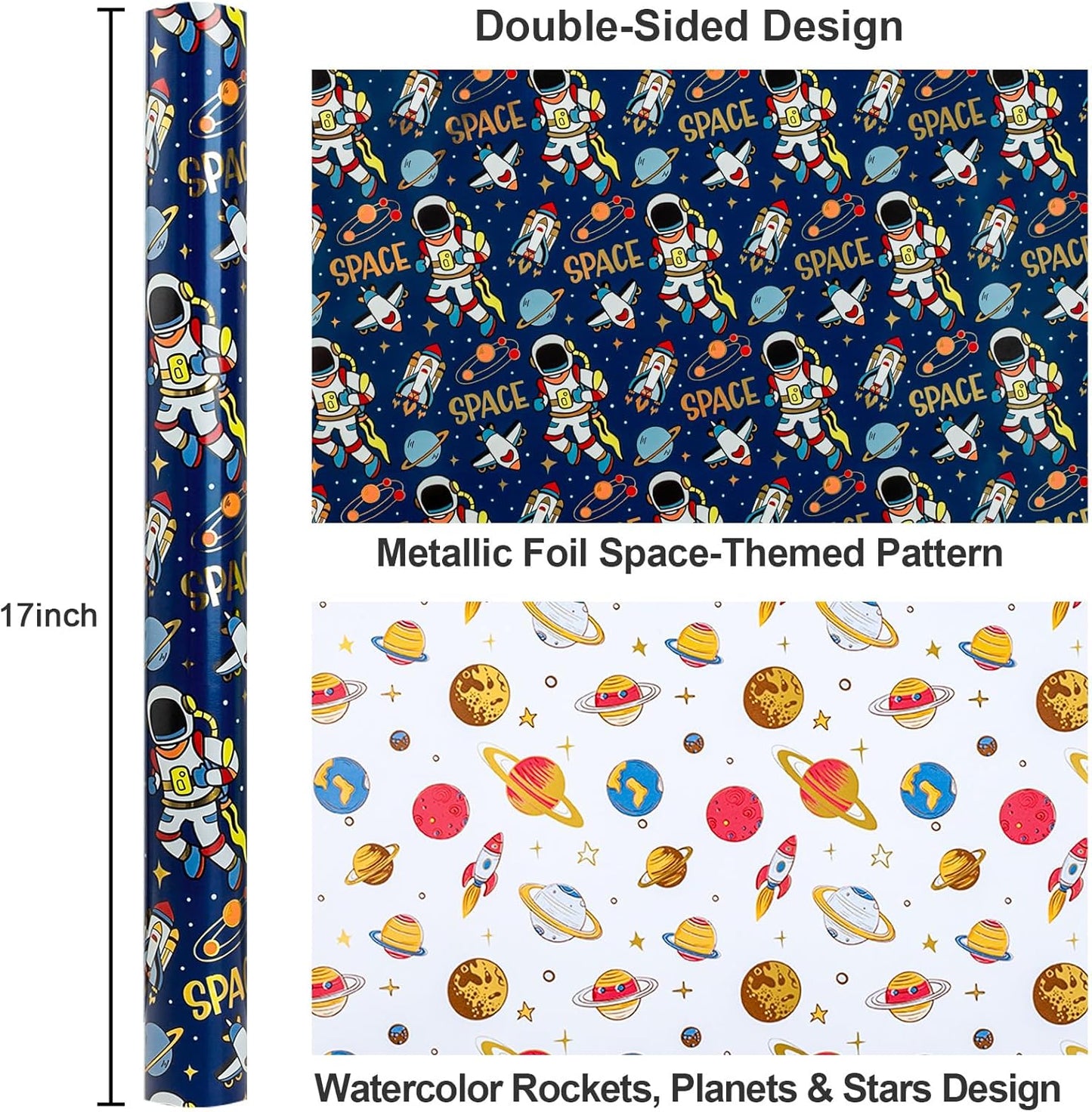 Yarcony Space Wrapping Paper Roll, Birthday Wrapping Paper for Boys, Navy Blue Astronaut Gift Wrap for Kids Birthday Outer Space Party Decor RocketShip Wrap Galaxy Planets Stars (17 Inch X 33 Feet)