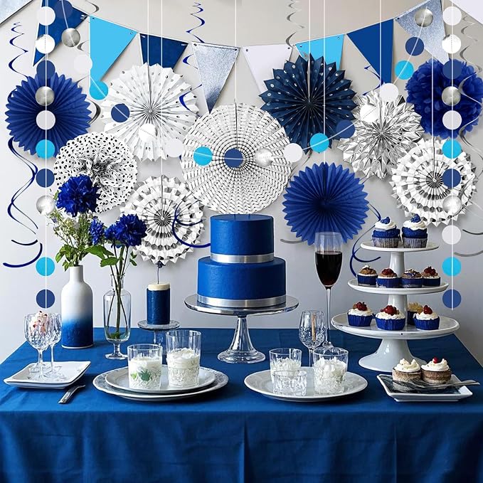 33 Pcs Navy Blue and Silver Party Decorations Kit - Reusable Paper Fans, Pom Poms, Tassel Garland & Banner - Elegant Decor for 2026 Graduation, Birthday, Wedding & Bridal Shower