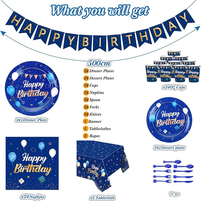 Pajean Blue and Gold Happy Birthday Party Tableware Set Navy Blue Birthday Decoration for Men Banner and Tablecloths Plates Cups Napkins Dinnerware for 24 Guests Party Supplies