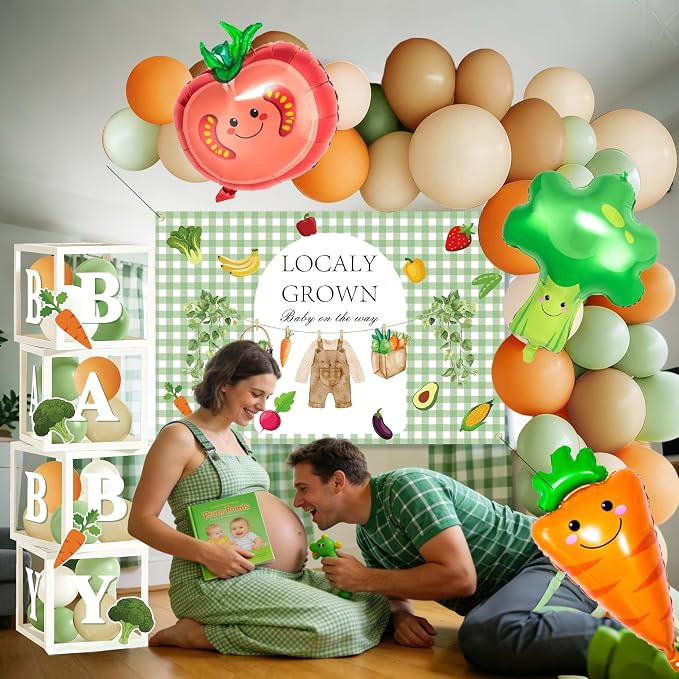 Locally Grown Baby Shower Decorations - Farmers Market Theme Party Supplies Include Balloon Garland Arch, Backdrop, 4 Boxes, 3 Vegetable Foil Balloons - Garden Fresh Veggie Decor Sage Green Neutral