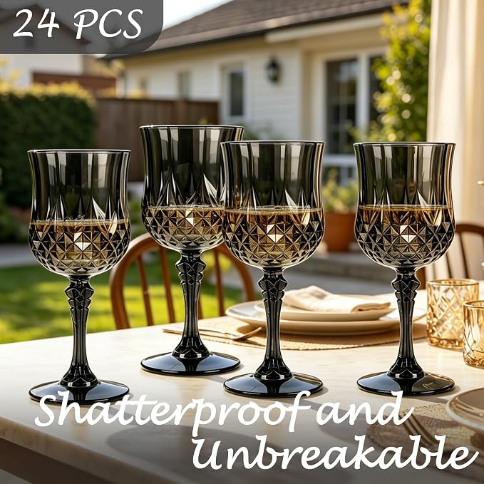Plastic Wine Glasses, Plastic Goblets Vintage Style Cordial Unbreakable Drinking Glasses, Reusable Drinkware for Wedding Reception, Grand Event Party Supplies (24, Black)