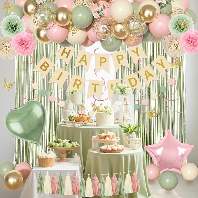 Pink and Green Birthday Decorations, Sage Green Pink Sand White Gold Balloons Happy Birthday Banner Fringe Curtains Butterfly Hanging Swirls Circle Dots Tassels Pompoms for Women Girls Party Supplie