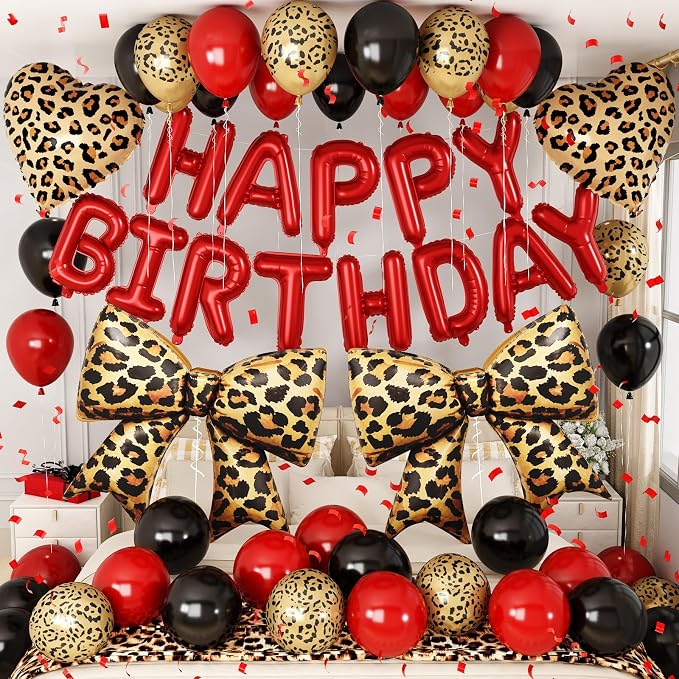 Red and Black Cheetah Print Birthday Decorations Black Dark Red Leopard Print Latex Balloons 16 18 32 In Happy Birthday Foil Balloon Banner Bow Heart Balloons for Girls Women Bday Party Decor