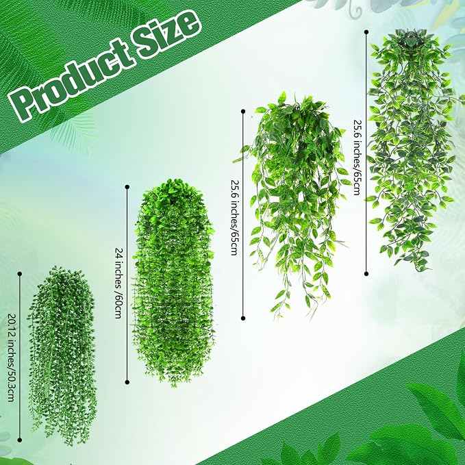 Daifunli 12 Pcs Artificial Hanging Plants Fake Hanging Ferns Plastic Faux Plants for Wall Room Garden Garland Indoor Outdoor Decor No Basket (Eucalyptus,Mandala,String of Pearls,Pea)