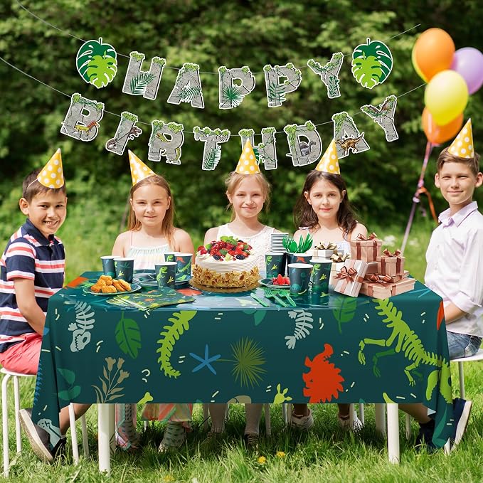 Cecnamt Dinosaur Birthday Decorations, 170 Pcs Dinosaur Party Supplies Including Banner, Plates, Cups, Napkins, Cutlery and Tablecloths, Serves 24