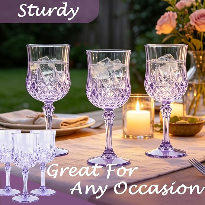 Plastic Wine Glasses, Plastic Goblets Vintage Style Cordial Unbreakable Drinking Glasses, Reusable Drinkware for Wedding Reception, Grand Event Party Supplies (24, Purple)