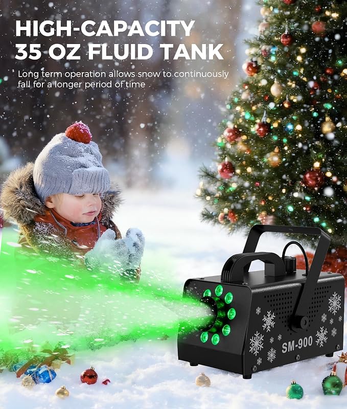 IMONE 900W High Output Snow Machine with 9 LED Lights & Remote – Indoor/Outdoor Artificial Snow Maker for Christmas, Parties, Parades – Heavy Duty Snowflake Machine