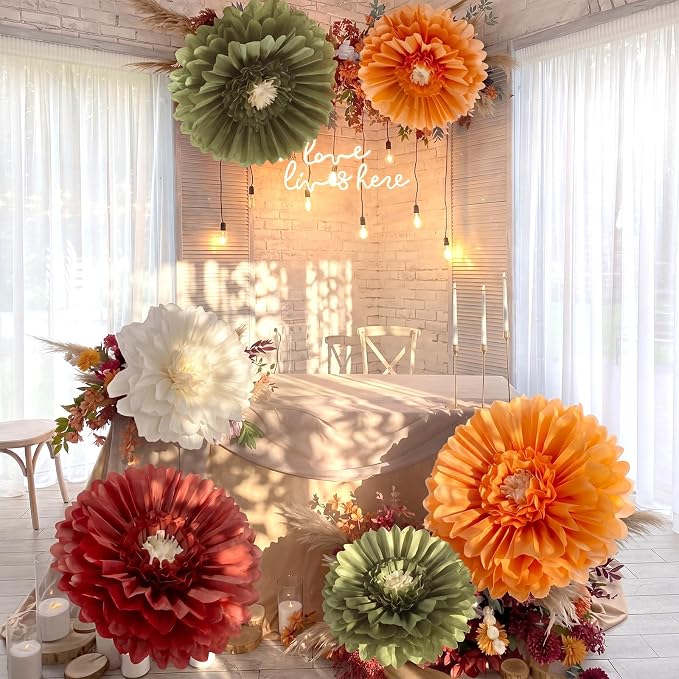 Giegxin 6 Pcs Giant Fall Paper Flowers Pumpkin Orange Sage Green Tissue Pom Poms Autumn Crepe Paper Flowers for Fall Wedding Baby Shower Birthday Boho Bridal Shower Backdrop Party Decorations