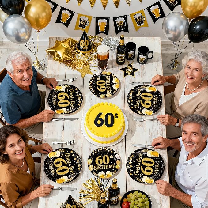 96Pcs Father's Day 60th Birthday Graduation Party Supplies Black Gold Plates and Napkins Tableware Sets Cheers and Beers to 60 Years Decorations for Best Dad Men 60 Years Old Birthday Party Serves 24