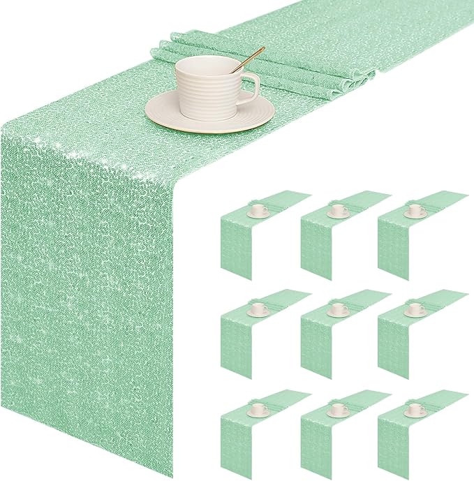Sugargirl 10 Packs 12 x 72 inches Sequin Table Runner, Glitter Mint Green Table Runner for Birthday Party Supplies Wedding Holiday Celebration Event Decorations