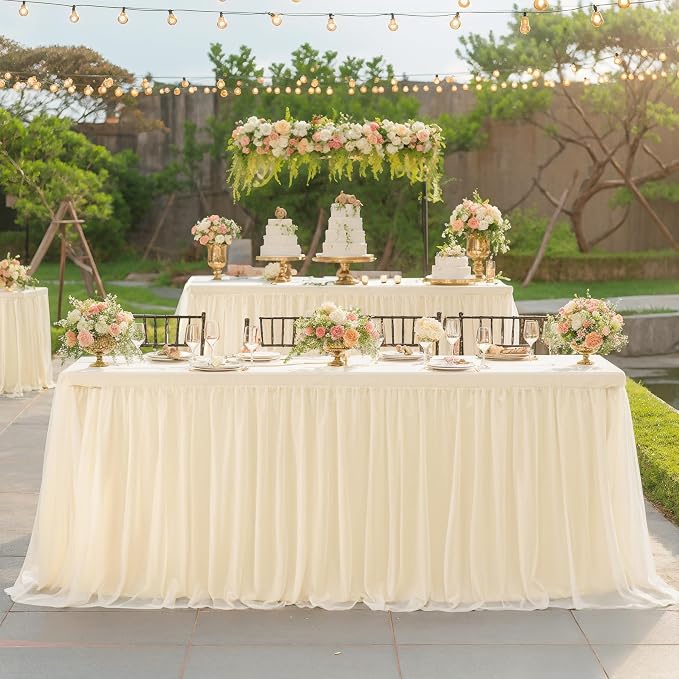6 Pack 6ft Champagne Tulle Tablecloths for Rectangle Tables, 72 x 30 Inch Rectangular Table Cloth, Wrinkle Free Table Cover with Tutu Skirt for Wedding Birthday Party Banquet Buffet Decorations