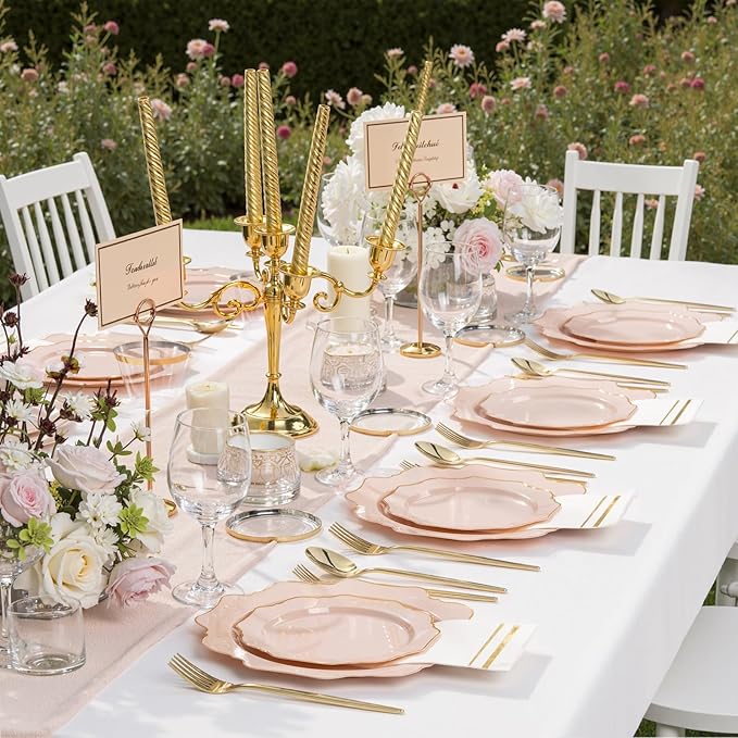 WDF 200PCS Pink Plastic Plates - Pink and Gold Plastic Plates - Include 100 Dinner Plate and 100 Cake Plate for Spring/Wedding/Bridal Shower/Tea party/Mother's Day