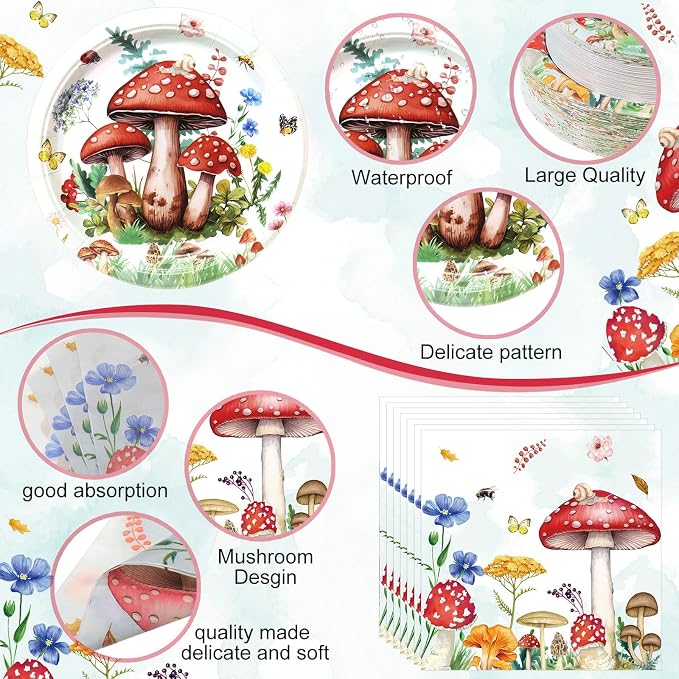 Funnymoom 452 Pcs Mushroom Party Decorations for 50 Guests, Red Watercolor Mushroom Paper Plates Napkins Cups Tablecloth Cutlery Straws for Fairy Tale Birthday Baby Shower Party Supplies