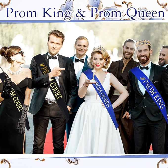 Retrowavy 12 Pcs Prom Crown and Sash Set, Prom King and Queen Tiara Rhinestone Crown Satin Sash for Graduation Party