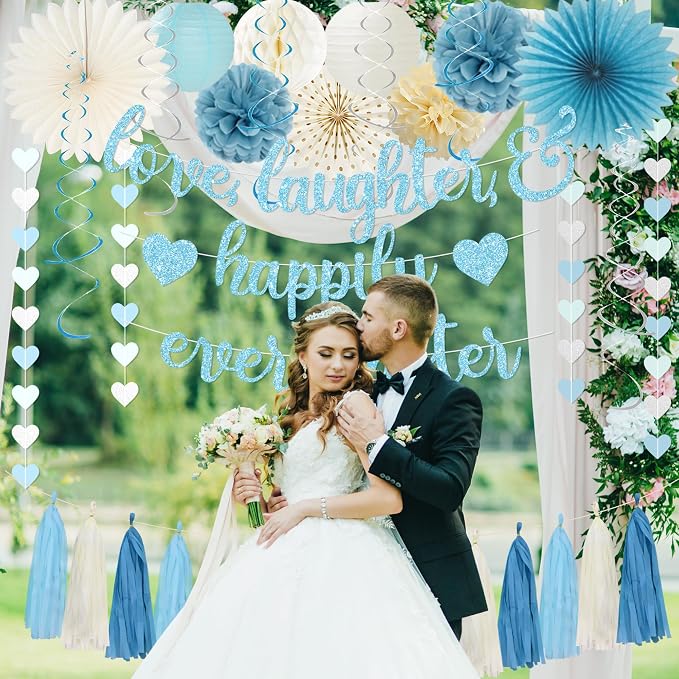 Roetyce Engagement Party Decorations, Blue Glitter Love Laughter & Happily Ever After Banner for Bridal Shower, Wedding Bachelorette Party Backdrop, Almost Married/Just Engaged Photo Background Decor