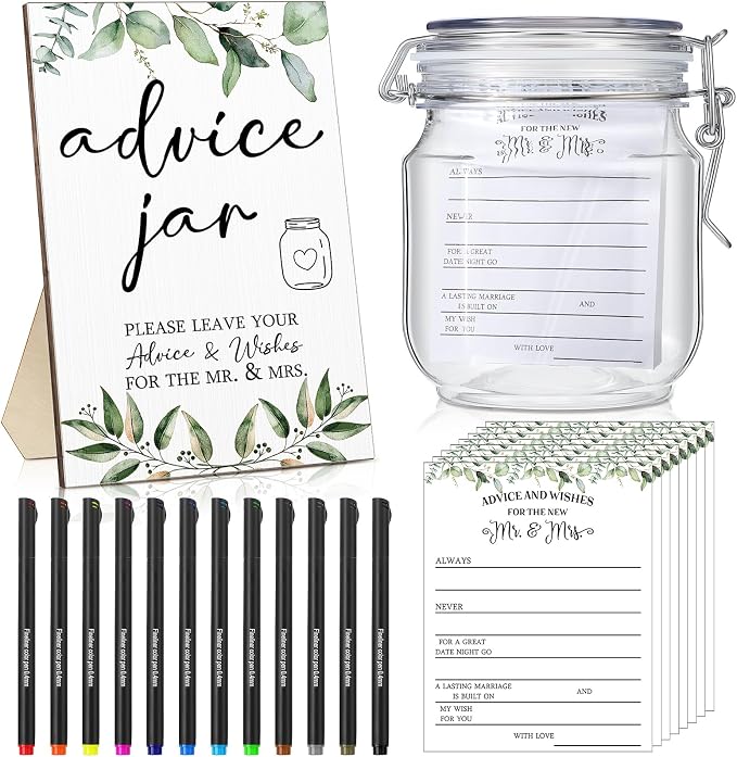 Sintuff 114 Pcs Advice and Wishes for The Mr and Mrs, Greenery Wedding Advice Jar, Green Leaves Bridal Shower Games, Advices and Wishes Cards and Sign for Bride and Groom, Wedding Games for Reception