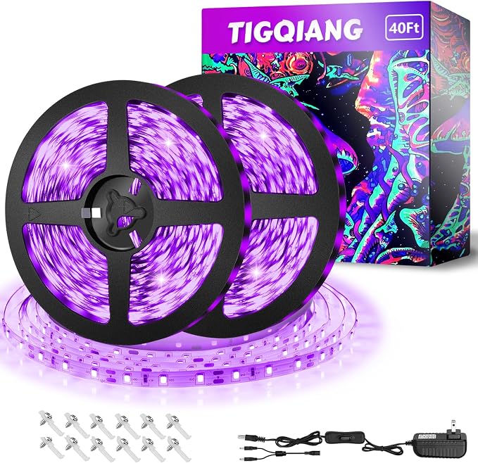 TigQiang Black Light Strip, 40ft/12M Flexible LED Black Light with kit, 720 lamp Beads, 12V LED Light, Non-Waterproof for Indoor Fluorescent Dance Party, Stage, Birthday, Wedding, Dark Party