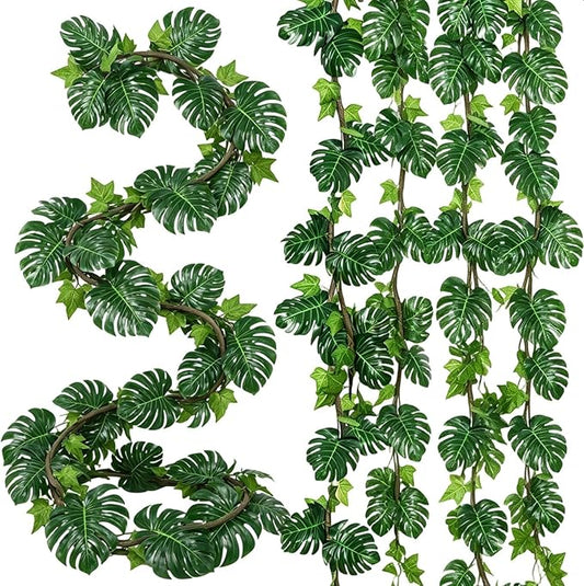 20FT Artificial Monstera Leaves Garland, Extra Long Fake Hanging Plants with 50 Monstera Deliciosa & 12 Ivy Leaves for Wall Decor, Tropical Palm Leaf Vines for Jungle Theme Party, Wedding Arch