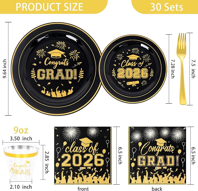 150 Pcs 2026 Graduation Plastic Plates with Disposable Silverware Serves 30 Guests, Black Gold Graduation Disposable Plates Including 30 Dinner&Dessert Plates, Cups, Napkins, Gold Forks for Party