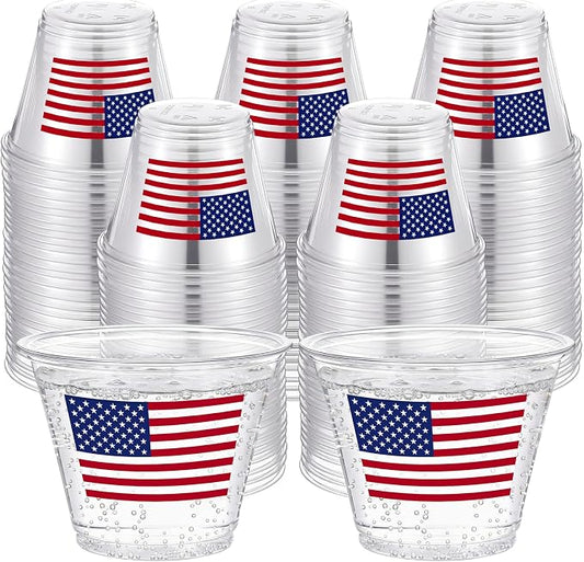 LemonRoad 100 Pack Patriotic 4th of july Cups 9 oz Star Stripe American Flag Disposable Clear Plastic Cocktail Cups Hot Cold Beverage Drinks for 250th anniversary decorations and party favors
