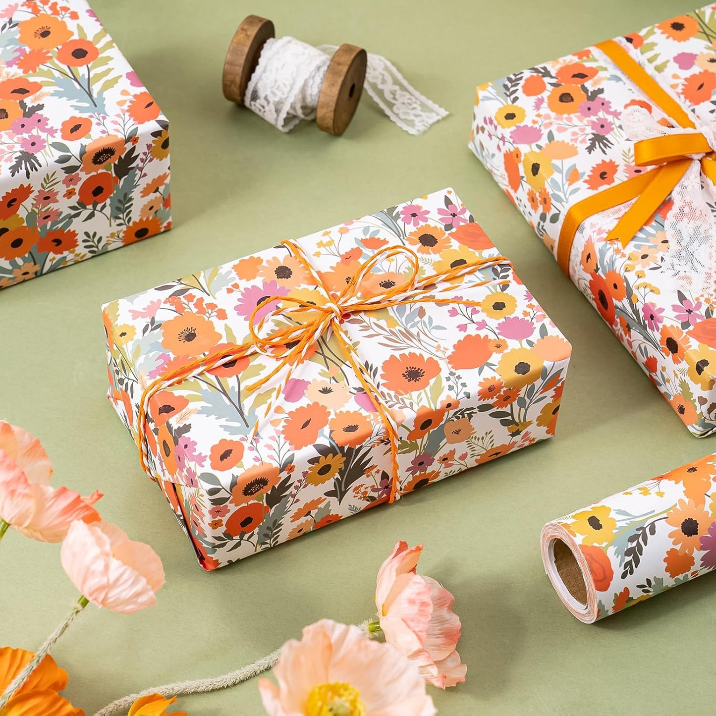 WRAPAHOLIC Kraft Floral Wrapping Paper Roll - Mini Roll - 17 Inch x 16.5 Feet - Bright Summer Flower Wrapping Paper, Perfect for Wedding, Birthday, Bridal Shower, Tea Party