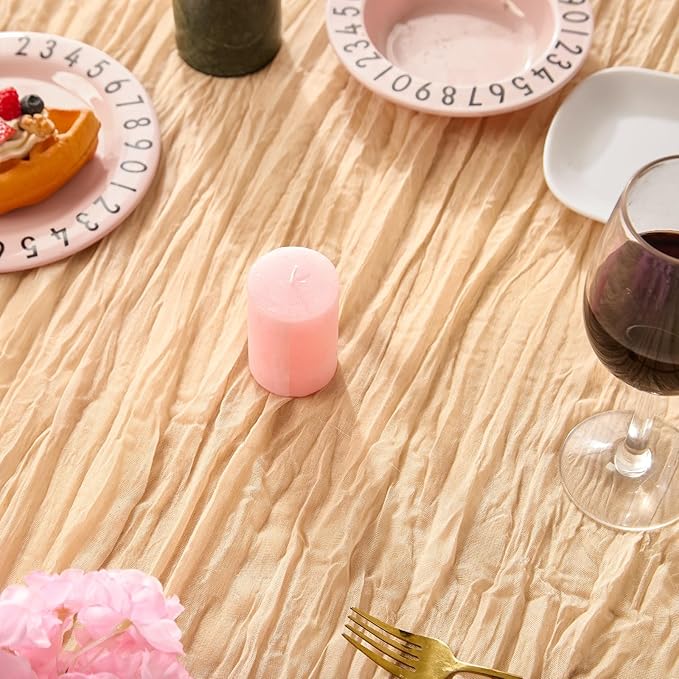 Champagne Spring Table Runner Boho Cheesecloth Table Runner 120 inches Crinkled Gauze Sheer Mother's Day Table Centerpieces for Wedding Ceremony Anniversary Bridal Baby Shower Banquet