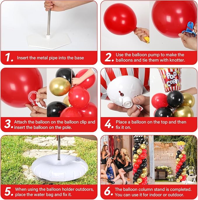 2 Sets Movie Night Balloon Column Stand Kit With 102 Popcorn Clapboard Foil Balloons 5.57ft Adjustable Tower Stand With Base Adjustable Arch Column for Camera Film Movie Birthday Party Supplies