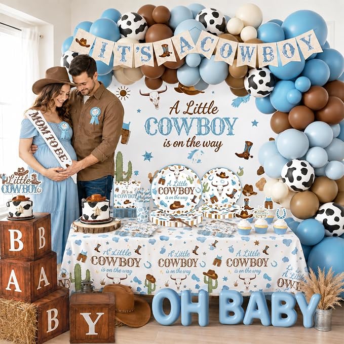 Cowboy Baby Shower Decorations for Boy, All-in-1 Retro Western Baby Shower Decorations with Balloon Arch Baby Boxes Plates Napkins Cake Toppers Tablecloth Backdrop Banner for Cowboy Rodeo Baby Shower