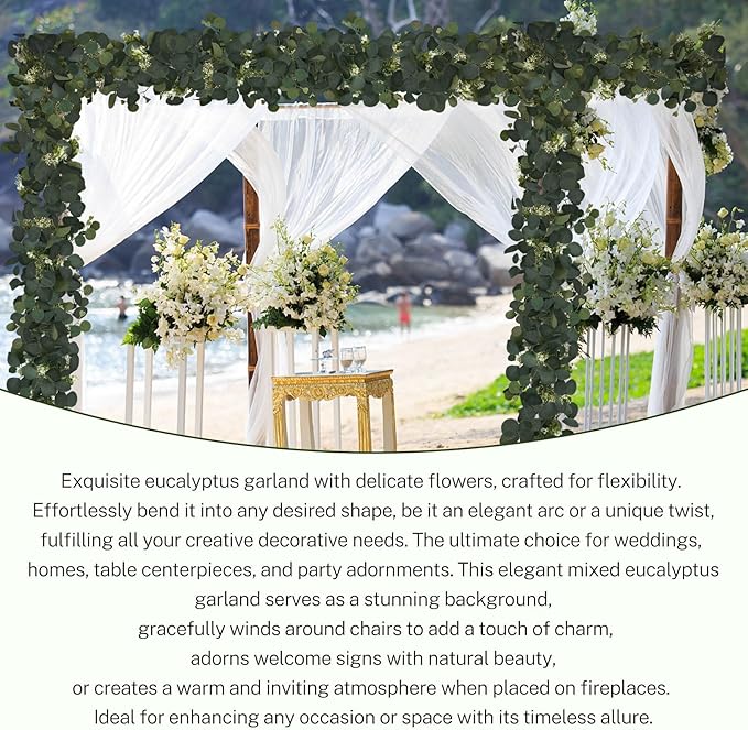 4Pcs 6FT Eucalyptus Garland, Green Garland with Flowers,Artificial Faux Greenery Vines for centerpieces Wedding Party Table Runner Room Home Mantle Decor
